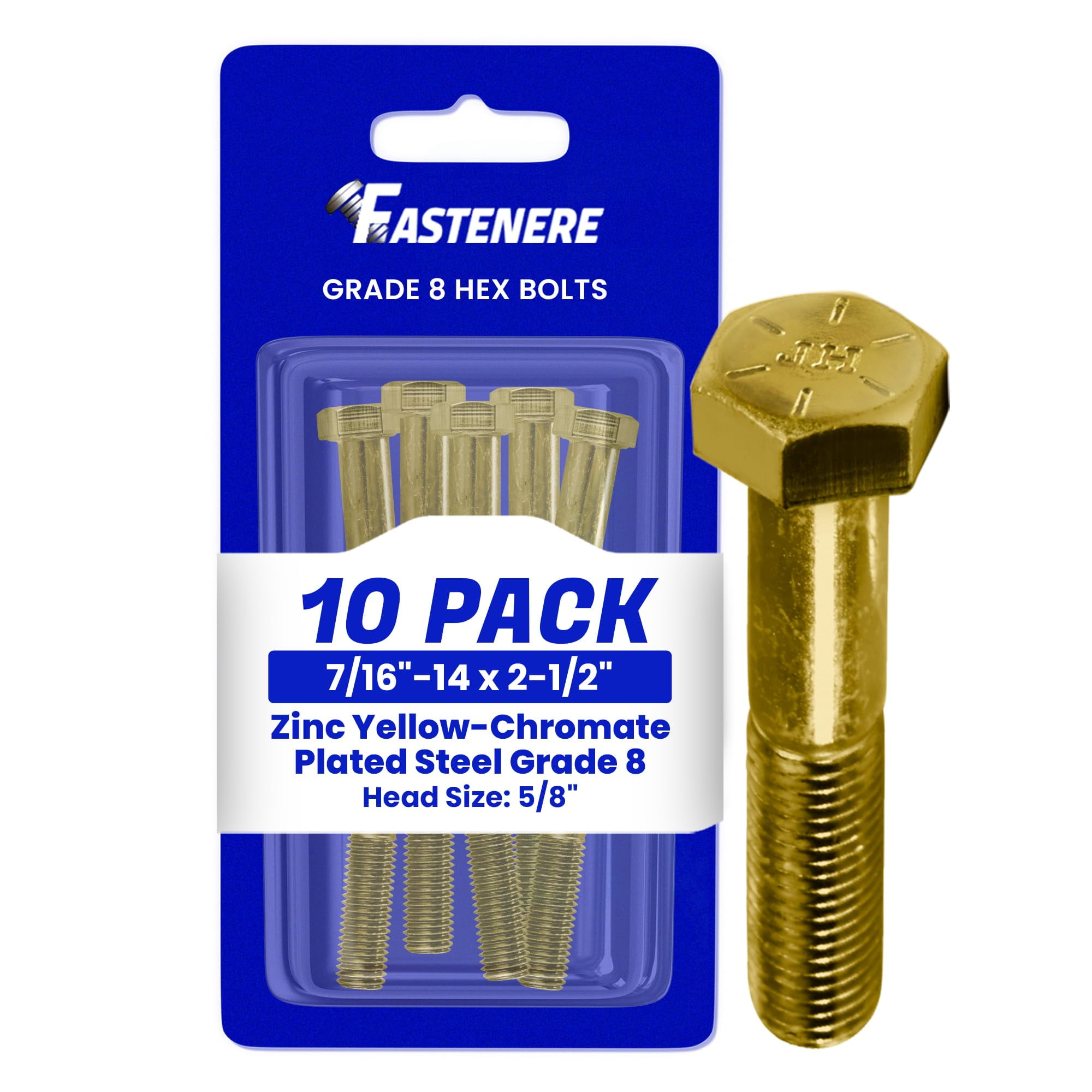 Fastenere 7/16"-14 x 2-1/2" Hex Bolts Grade 8 Zinc Yellow-Chromate Plated Steel, Partial Threaded Durable Hex Bolts for Machinery & Construction, Rust-Resistant, Heavy-Duty Fasteners, Pack of 10