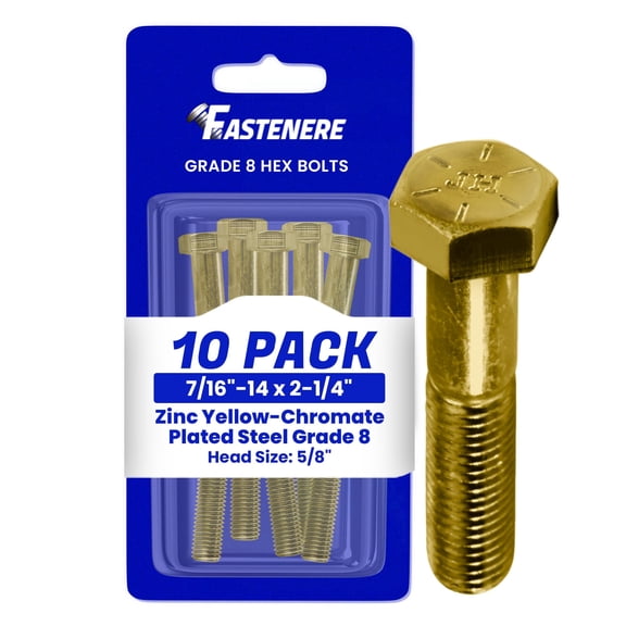 Fastenere 7/16"-14 x 2-1/4" Hex Bolts Grade 8 Zinc Yellow-Chromate Plated Steel, Partial Threaded Durable Hex Bolts for Machinery & Construction, Rust-Resistant, Heavy-Duty Fasteners, Pack of 10