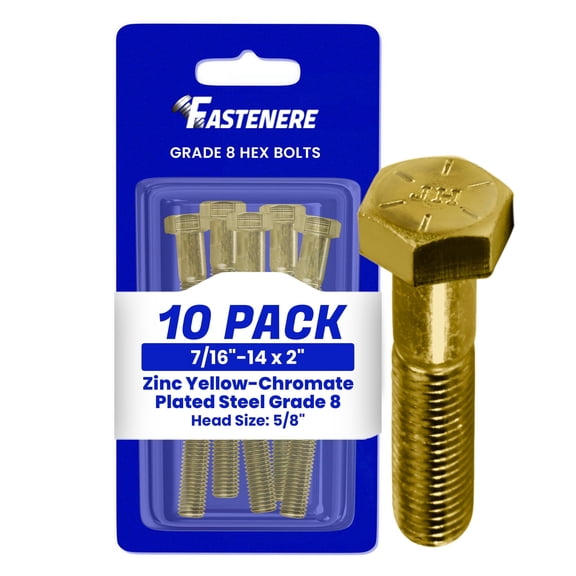 Fastenere 7/16"-14 x 2" Hex Bolts Grade 8 Zinc Yellow-Chromate Plated Steel, Partial Threaded Durable Hex Bolts for Machinery & Construction, Rust-Resistant, Heavy-Duty Fasteners, Pack of 10