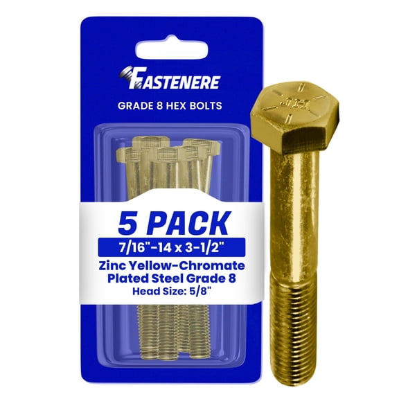 Fastenere 7/16"-14 x 3-1/2" Hex Bolts Grade 8 Zinc Yellow-Chromate Plated Steel, Partial Threaded Durable Hex Bolts for Machinery & Construction, Rust-Resistant, Heavy-Duty Fasteners, Pack of 5