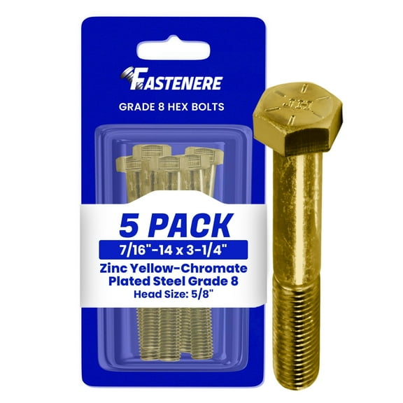 Fastenere 7/16"-14 x 3-1/4" Hex Bolts Grade 8 Zinc Yellow-Chromate Plated Steel, Partial Threaded Durable Hex Bolts for Machinery & Construction, Rust-Resistant, Heavy-Duty Fasteners, Pack of 5