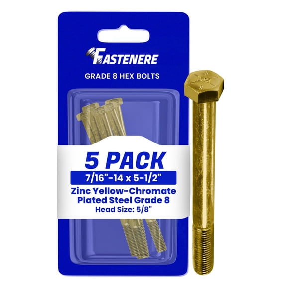Fastenere 7/16"-14 x 5-1/2" Hex Bolts Grade 8 Zinc Yellow-Chromate Plated Steel, Partial Threaded Durable Hex Bolts for Machinery & Construction, Rust-Resistant, Heavy-Duty Fasteners, Pack of 5