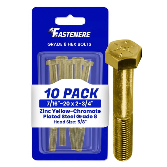 Fastenere 7/16"-20 x 3-1/4" Hex Bolts Grade 8 Zinc Yellow-Chromate Plated Steel, Partial Threaded Durable Hex Bolts for Machinery & Construction, Rust-Resistant, Heavy-Duty Fasteners, Pack of 5