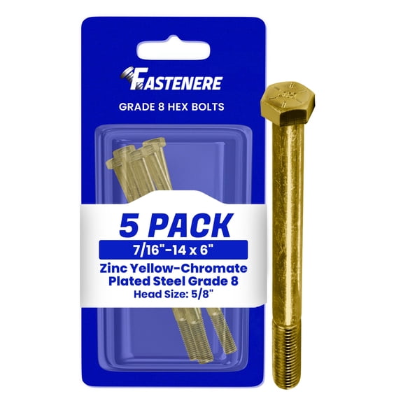 Fastenere 7/16"-20 x 7/8" Hex Bolts Grade 8 Zinc Yellow-Chromate Plated Steel, Fully Threaded Durable Hex Bolts for Machinery & Construction, Rust-Resistant, Heavy-Duty Fasteners, Pack of 5