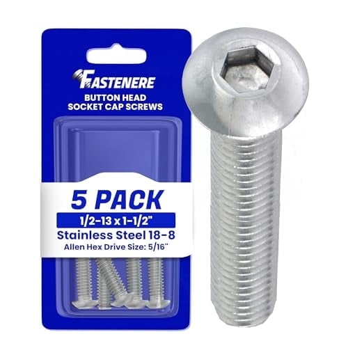 Fastenere Button Head Socket Cap Screws - 1/2-13 x 1-1/2" (5 Pack) Stainless Steel 18-8, Full Thread, Bright Plain Finish, Corrosion-Resistant, Machine Thread, Easy to Install w/ Allen Socket Drive