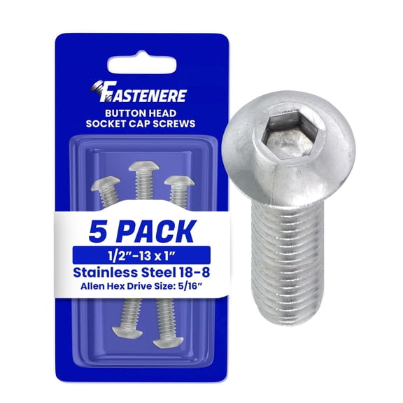 Fastenere Button Head Socket Cap Screws - 1/2-13 x 1" (5 Pack) Stainless Steel 18-8, Full Thread, Bright Plain Finish, Corrosion-Resistant, Machine Thread, Easy to Install w/ Allen Socket Drive