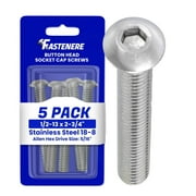 Fastenere Button Head Socket Cap Screws - 1/2-13 x 2-3/4" (5 Pack) Stainless Steel 18-8, Full Thread, Bright Plain Finish, Corrosion-Resistant, Machine Thread, Easy to Install w/ Allen Socket Drive