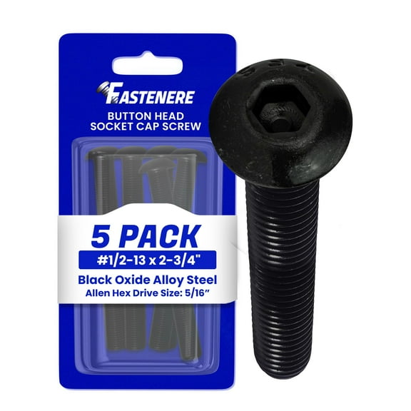 Fastenere Button Head Socket Cap Screws - 1/2-13 x 2-3/4" (5-Pcs) Alloy Steel, Fully Threaded, Fine Black Oxide Finish, Corrosion-Resistant, Machine Thread, Easy to Install w/ Allen Hex Drive