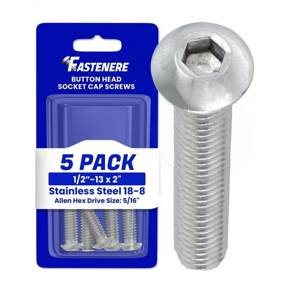 Fastenere Button Head Socket Cap Screws - 1/2-13 x 2" (5 Pack) Stainless Steel 18-8, Full Thread, Bright Plain Finish, Corrosion-Resistant, Machine Thread, Easy to Install w/ Allen Socket Drive