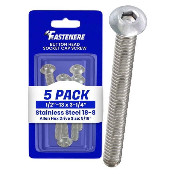 Fastenere Button Head Socket Cap Screws - 1/2-13 x 3-1/4" (5 Pack) Stainless Steel 18-8, Full Thread, Bright Plain Finish, Corrosion-Resistant, Machine Thread, Easy to Install w/ Allen Socket Drive