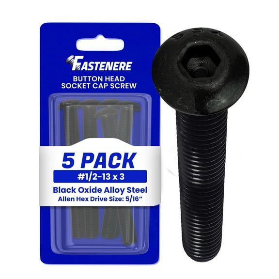 Fastenere Button Head Socket Cap Screws - 1/2-13 x 3" (5-Pcs) Alloy Steel, Fully Threaded, Fine Black Oxide Finish, Corrosion-Resistant, Machine Thread, Easy to Install w/ Allen Hex Drive