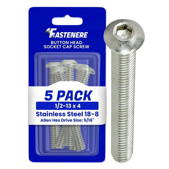 Fastenere Button Head Socket Cap Screws - 1/2-13 x 4" (5 Pack) Stainless Steel 18-8, Full Thread, Bright Plain Finish, Corrosion-Resistant, Machine Thread, Easy to Install w/ Allen Socket Drive