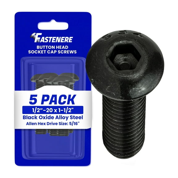 Fastenere Button Head Socket Cap Screws - 1/2-20 x 1-1/2" (5-Pcs) Alloy Steel, Fully Threaded, Fine Black Oxide Finish, Corrosion-Resistant, Machine Thread, Easy to Install w/ Allen Hex Drive