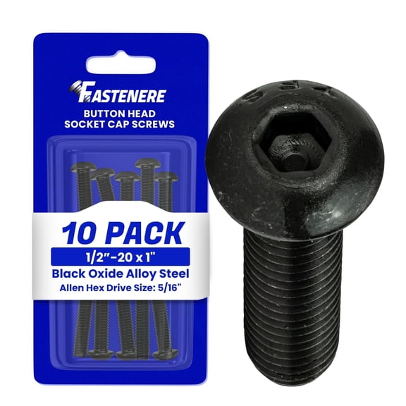 Fastenere Button Head Socket Cap Screws - 1/2-20 x 1" (10-Pcs) Alloy Steel, Fully Threaded, Fine Black Oxide Finish, Corrosion-Resistant, Machine Thread, Easy to Install w/ Allen Hex Drive