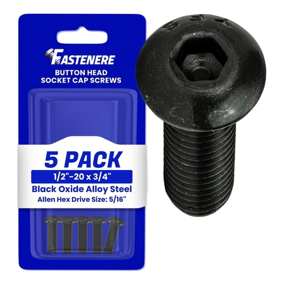 Fastenere Button Head Socket Cap Screws - 1/2-20 x 3/4" (5-Pcs) Alloy Steel, Fully Threaded, Fine Black Oxide Finish, Corrosion-Resistant, Machine Thread, Easy to Install w/ Allen Hex Drive