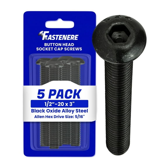 Fastenere Button Head Socket Cap Screws - 1/2-20 x 3" (5-Pcs) Alloy Steel, Fully Threaded, Fine Black Oxide Finish, Corrosion-Resistant, Machine Thread, Easy to Install w/ Allen Hex Drive