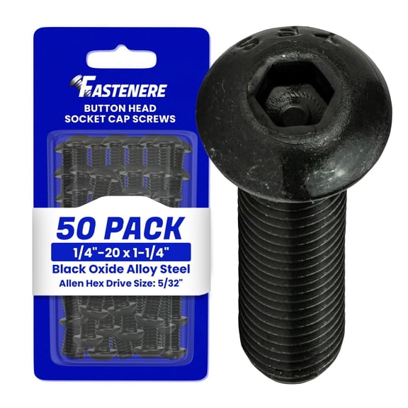 Fastenere Button Head Socket Cap Screws - 1/4-20 x 1-1/4" (50-Pcs) Alloy Steel, Fully Threaded, Fine Black Oxide Finish, Corrosion-Resistant, Machine Thread, Easy to Install w/ Allen Hex Drive