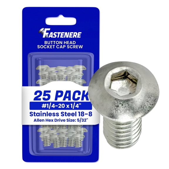 Fastenere Button Head Socket Cap Screws -1/4-20 x 1/4", 18-8 (25-Pcs) Stainless Steel, Fully Threaded, Bright Plain Finish, Corrosion-Resistant, Machine Thread, Easy to Install w/ Allen Hex Drive