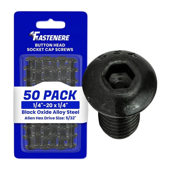 Fastenere Button Head Socket Cap Screws - 1/4-20 x 1/4" (50-Pcs) Alloy Steel, Fully Threaded, Fine Black Oxide Finish, Corrosion-Resistant, Machine Thread, Easy to Install w/ Allen Hex Drive