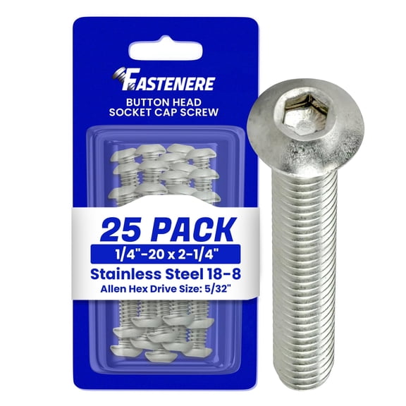 Fastenere Button Head Socket Cap Screws 1/4-20 x 2-1/4",18-8 (25-Pcs) Stainless Steel, Fully Threaded, Bright Plain Finish, Corrosion-Resistant, Machine Thread, Easy to Install w/ Allen Hex Drive