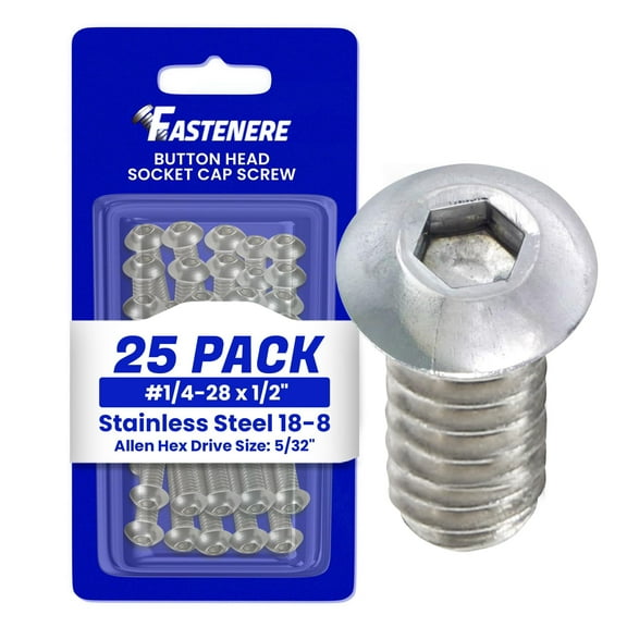 Fastenere Button Head Socket Cap Screws - 1/4-28 x 1/2" (25 Pack) Stainless Steel 18-8, Full Thread, Bright Plain Finish, Corrosion-Resistant, Machine Thread, Easy to Install w/ Allen Socket Drive