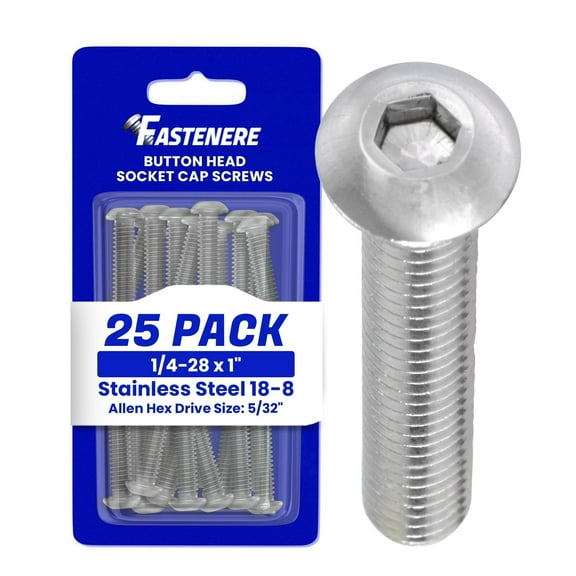 Fastenere Button Head Socket Cap Screws - 1/4-28 x 1" (25 Pack) Stainless Steel 18-8, Full Thread, Bright Plain Finish, Corrosion-Resistant, Machine Thread, Easy to Install w/ Allen Socket Drive