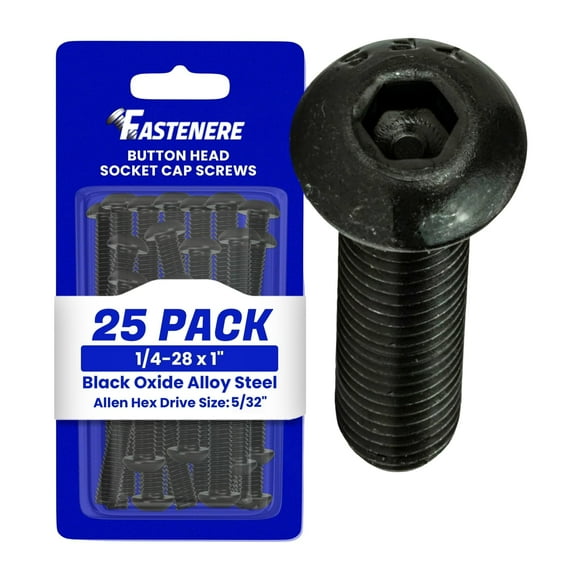 Fastenere Button Head Socket Cap Screws - 1/4-28 x 1" (25-Pcs) Alloy Steel, Fully Threaded, Fine Black Oxide Finish, Corrosion-Resistant, Machine Thread, Easy to Install w/ Allen Hex Drive