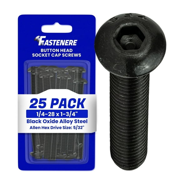 Fastenere Button Head Socket Cap Screws - 1/4-28 x 1-3/4" (25-Pcs) Alloy Steel, Fully Threaded, Fine Black Oxide Finish, Corrosion-Resistant, Machine Thread, Easy to Install w/ Allen Hex Drive