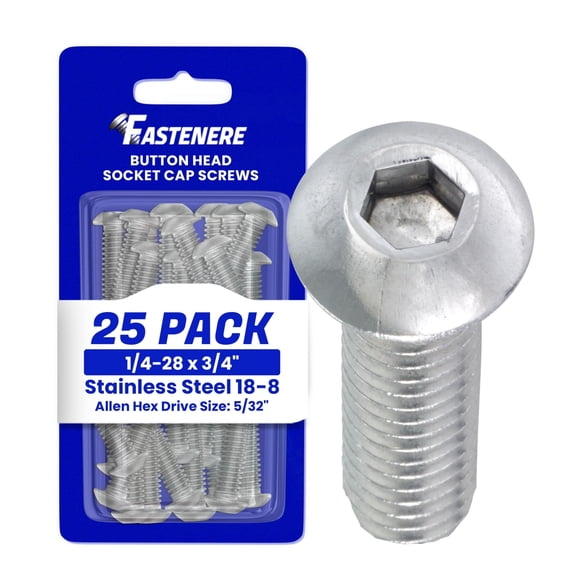 Fastenere Button Head Socket Cap Screws - 1/4-28 x 3/4" (25 Pack) Stainless Steel 18-8, Full Thread, Bright Plain Finish, Corrosion-Resistant, Machine Thread, Easy to Install w/ Allen Socket Drive
