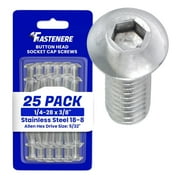 Fastenere Button Head Socket Cap Screws - 1/4-28 x 3/8" (25 Pack) Stainless Steel 18-8, Full Thread, Bright Plain Finish, Corrosion-Resistant, Machine Thread, Easy to Install w/ Allen Socket Drive