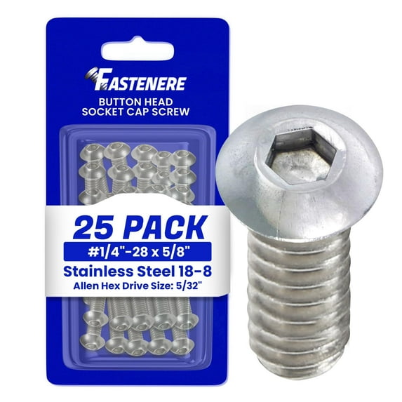 Fastenere Button Head Socket Cap Screws - 1/4-28 x 5/8" (25 Pack) Stainless Steel 18-8, Full Thread, Bright Plain Finish, Corrosion-Resistant, Machine Thread, Easy to Install w/ Allen Socket Drive