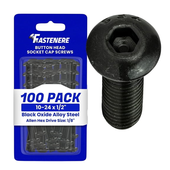 Fastenere Button Head Socket Cap Screws - 10-24 x 1/2" (100-Pcs) Alloy Steel, Fully Threaded, Fine Black Oxide Finish, Corrosion-Resistant, Machine Thread, Easy to Install w/ Allen Hex Drive