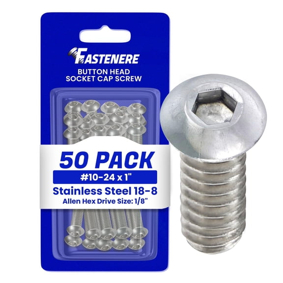 Fastenere Button Head Socket Cap Screws - 10-24 x 1" (50 Pack) Stainless Steel 18-8, Full Thread, Bright Plain Finish, Corrosion-Resistant, Machine Thread, Easy to Install w/ Allen Socket Drive