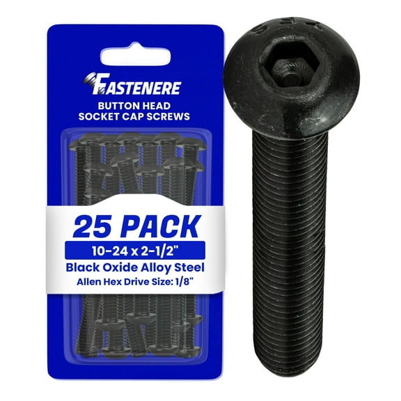 Fastenere Button Head Socket Cap Screws - 10-24 x 2-1/2" (25-Pcs) Alloy Steel, Fully Threaded, Fine Black Oxide Finish, Corrosion-Resistant, Machine Thread, Easy to Install w/ Allen Hex Drive