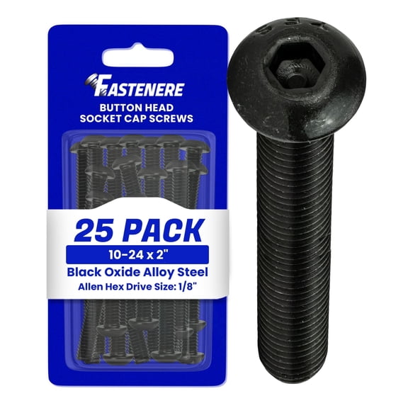 Fastenere Button Head Socket Cap Screws - 10-24 x 2" (25-Pcs) Alloy Steel, Fully Threaded, Fine Black Oxide Finish, Corrosion-Resistant, Machine Thread, Easy to Install w/ Allen Hex Drive