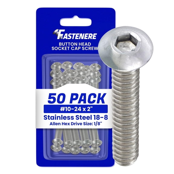 Fastenere Button Head Socket Cap Screws -10-24 x 2" (50 Pack) Stainless Steel 18-8, Full Thread, Bright Plain Finish, Corrosion-Resistant, Machine Thread, Easy to Install w/ Allen Socket Drive