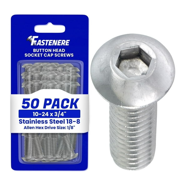 Fastenere Button Head Socket Cap Screws - 10-24 x 3/4" (50 Pack) Stainless Steel 18-8, Full Thread, Bright Plain Finish, Corrosion-Resistant, Machine Thread, Easy to Install w/ Allen Socket Drive