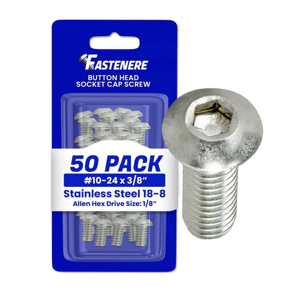 Fastenere Button Head Socket Cap Screws - 10-24 x 3/8" (50 Pack) Stainless Steel 18-8, Full Thread, Bright Plain Finish, Corrosion-Resistant, Machine Thread, Easy to Install w/ Allen Socket Drive