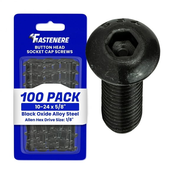 Fastenere Button Head Socket Cap Screws - 10-24 x 5/8" (100-Pcs) Alloy Steel, Fully Threaded, Fine Black Oxide Finish, Corrosion-Resistant, Machine Thread, Easy to Install w/ Allen Hex Drive