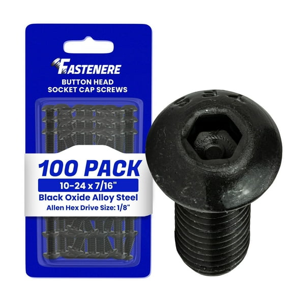 Fastenere Button Head Socket Cap Screws - 10-24 x 7/16" (100-Pcs) Alloy Steel, Fully Threaded, Fine Black Oxide Finish, Corrosion-Resistant, Machine Thread, Easy to Install w/ Allen Hex Drive