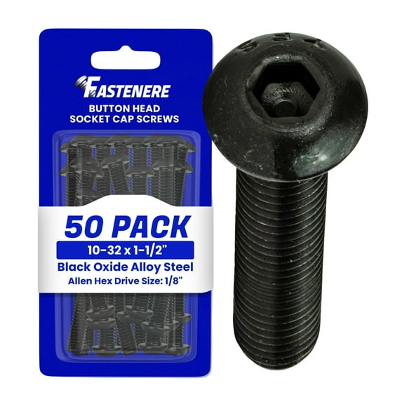 Fastenere Button Head Socket Cap Screws - 10-32 x 1-1/2" (50-Pcs) Alloy Steel, Fully Threaded, Fine Black Oxide Finish, Corrosion-Resistant, Machine Thread, Easy to Install w/ Allen Hex Drive