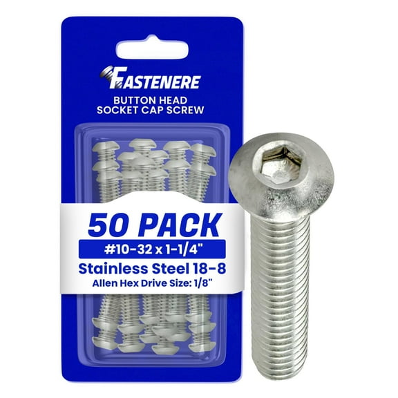 Fastenere Button Head Socket Cap Screws - 10-32 x 1-1/4" (50 Pack) Stainless Steel 18-8, Full Thread, Bright Plain Finish, Corrosion-Resistant, Machine Thread, Easy to Install w/ Allen Socket Drive