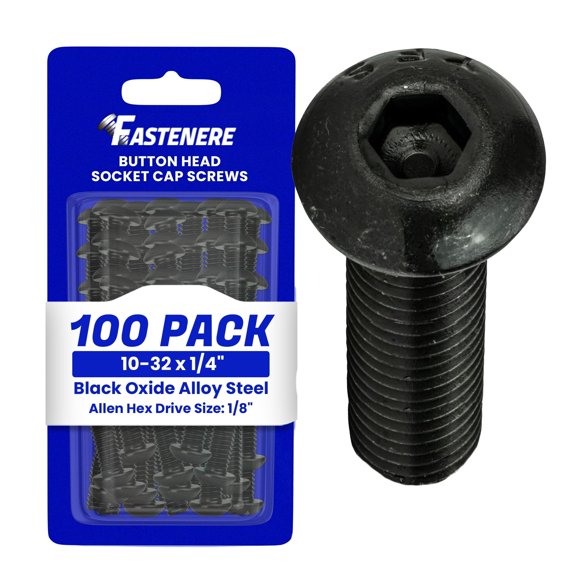 Fastenere Button Head Socket Cap Screws - 10-32 x 1/4" (100-Pcs) Alloy Steel, Fully Threaded, Fine Black Oxide Finish, Corrosion-Resistant, Machine Thread, Easy to Install w/ Allen Hex Drive