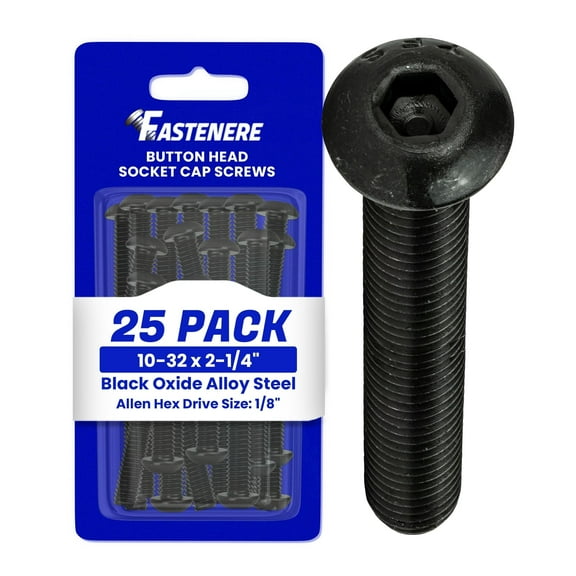 Fastenere Button Head Socket Cap Screws - 10-32 x 2-1/4" (25-Pcs) Alloy Steel, Fully Threaded, Fine Black Oxide Finish, Corrosion-Resistant, Machine Thread, Easy to Install w/ Allen Hex Drive