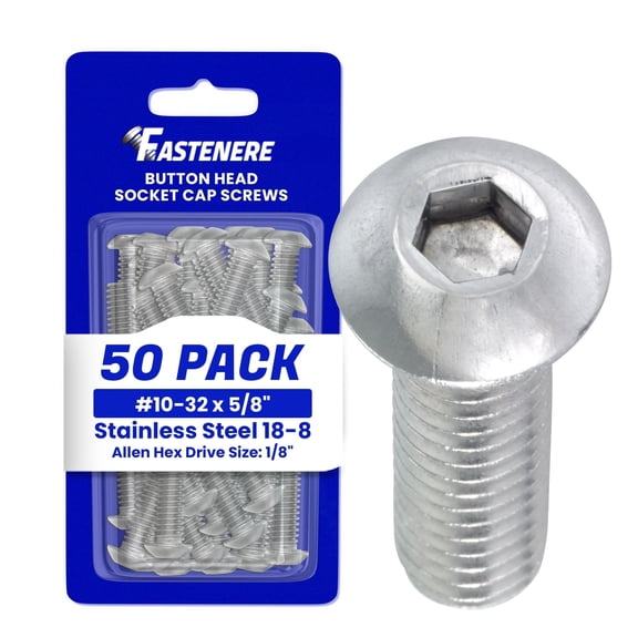 Fastenere Button Head Socket Cap Screws - 10-32 x 5/8" (50 Pack) Stainless Steel 18-8, Full Thread, Bright Plain Finish, Corrosion-Resistant, Machine Thread, Easy to Install w/ Allen Socket Drive