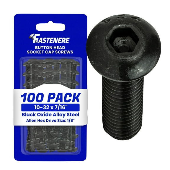 Fastenere Button Head Socket Cap Screws - 10-32 x 7/16" (100-Pcs) Alloy Steel, Fully Threaded, Fine Black Oxide Finish, Corrosion-Resistant, Machine Thread, Easy to Install w/ Allen Hex Drive