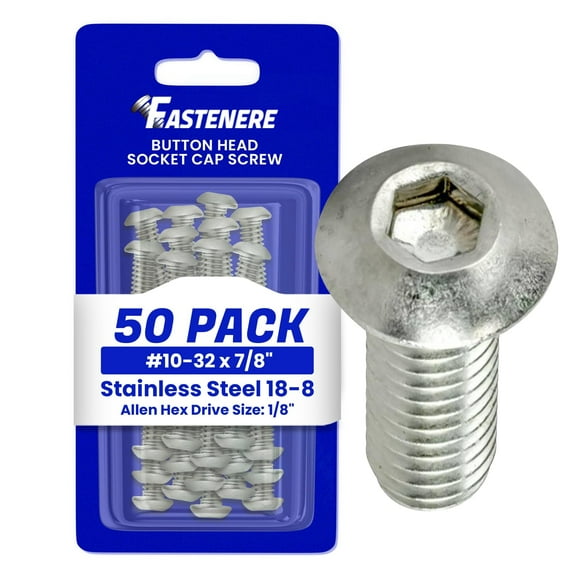 Fastenere Button Head Socket Cap Screws - 10-32 x 7/8" (50 Pack) Stainless Steel 18-8, Full Thread, Bright Plain Finish, Corrosion-Resistant, Machine Thread, Easy to Install w/ Allen Socket Drive