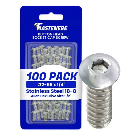 Fastenere Button Head Socket Cap Screws - 2-56 x 1/4" (100 Pack) Stainless Steel 18-8, Full Thread, Bright Plain Finish, Corrosion-Resistant, Machine Thread, Easy to Install w/ Allen Socket Drive