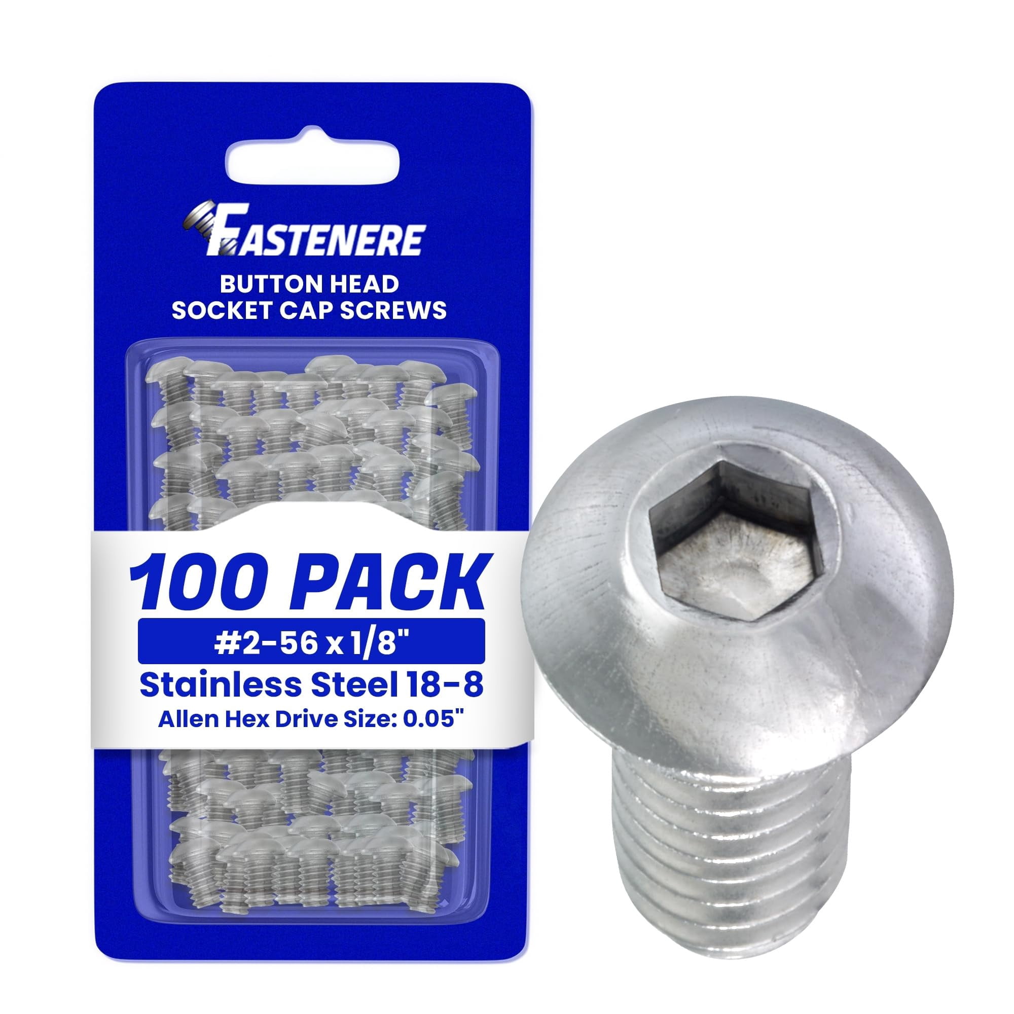 Fastenere Button Head Socket Cap Screws - 2-56 x 1/8" (100 Pack) Stainless Steel 18-8, Full Thread, Bright Plain Finish, Corrosion-Resistant, Machine Thread, Easy to Install w/ Allen Socket Drive