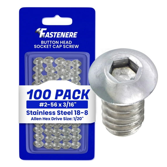 Fastenere Button Head Socket Cap Screws - 2-56 x 3/16" (100 Pack) Stainless Steel 18-8, Full Thread, Bright Plain Finish, Corrosion-Resistant, Machine Thread, Easy to Install w/ Allen Socket Drive